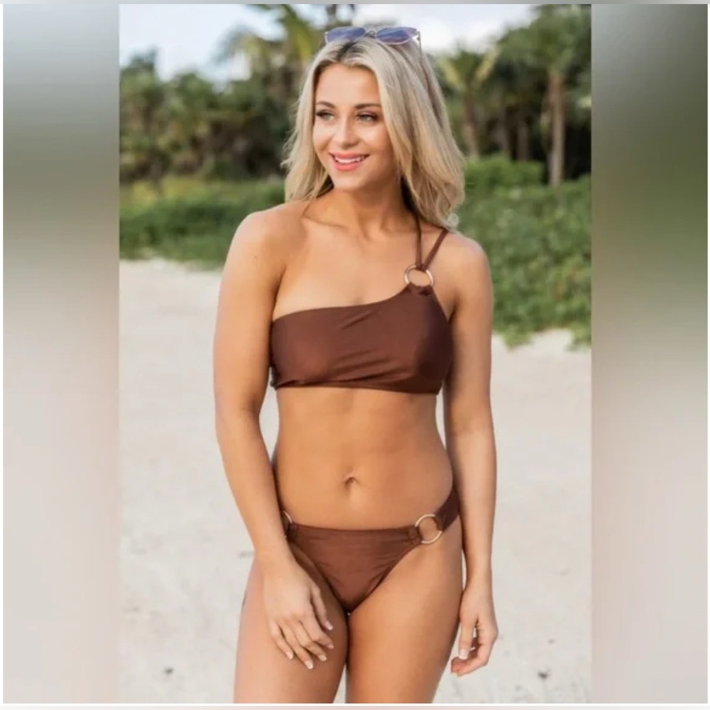 NWT- Pink Lily- One Shoulder Brown Bikini Set- Size Large